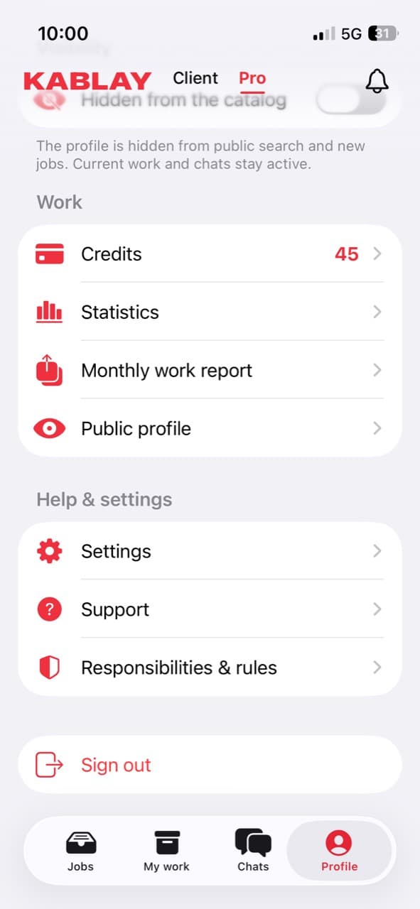 Manage jobs and your professional profile