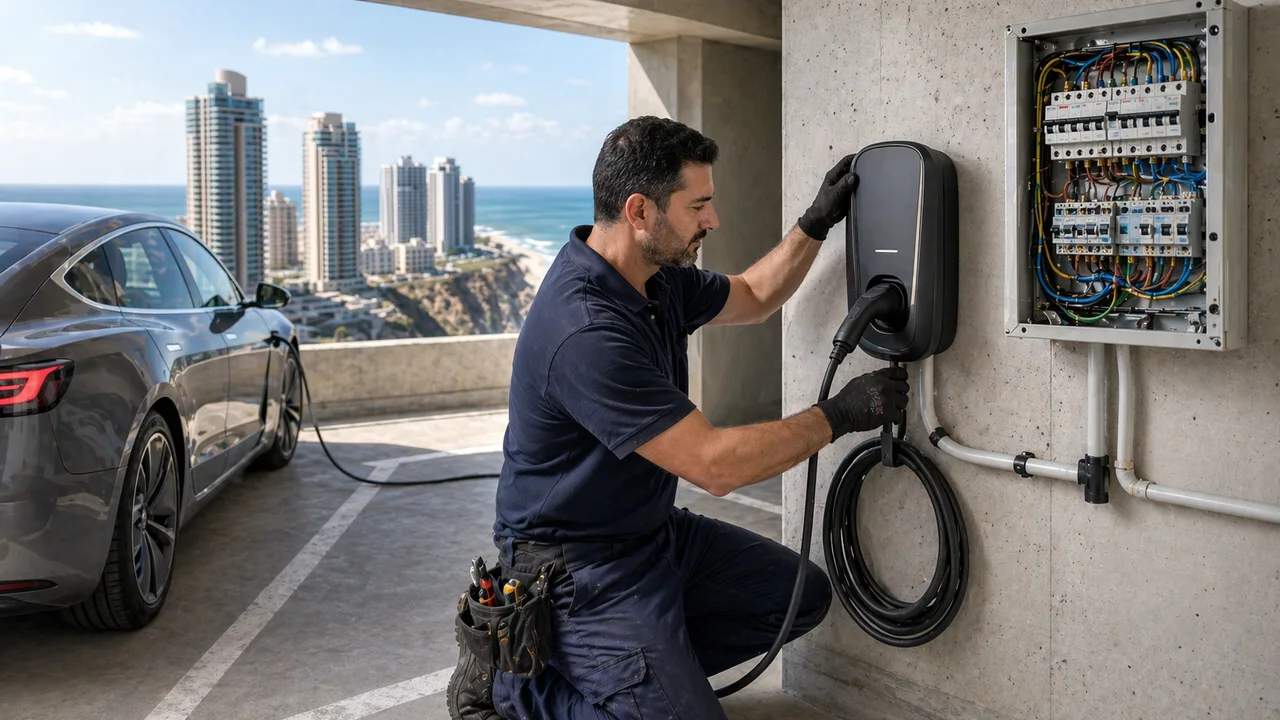 EV charging station installation in Netanya 2026: full technical guide — equipment, legal, prices, and cliff-top tower challenges