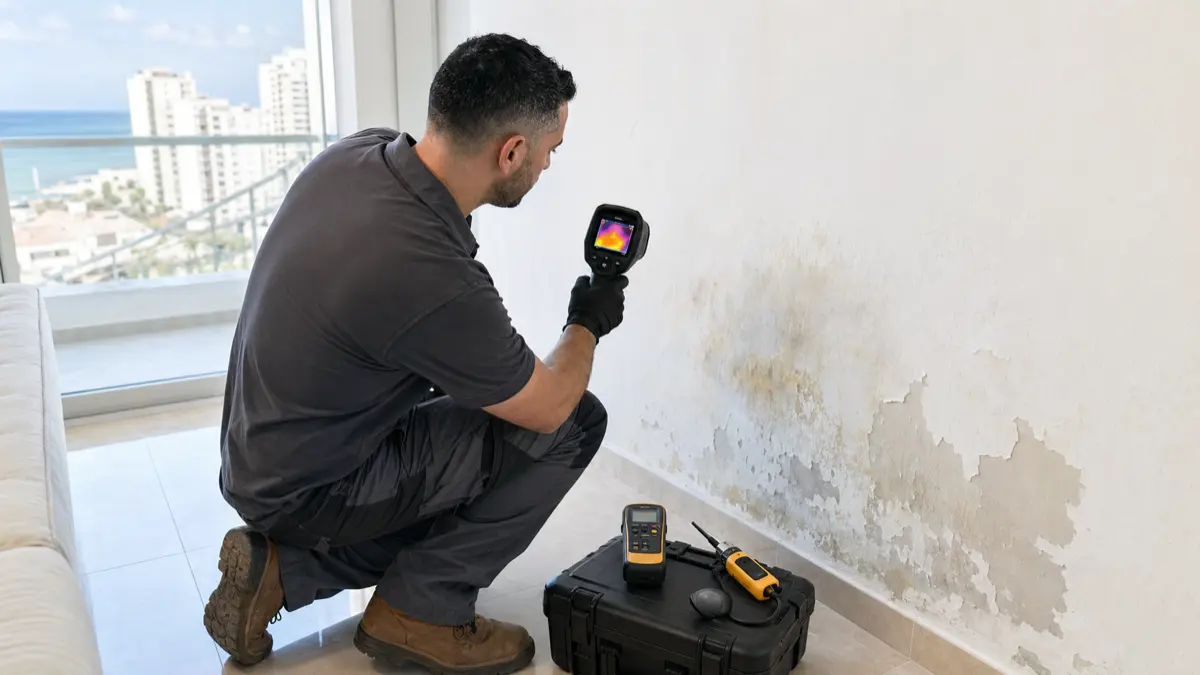 למה שפכטל מתקלף ומופיעים כתמי רטיבות באשדוד: אבחון לחות, תרמוגרפיה ומחירי 2026